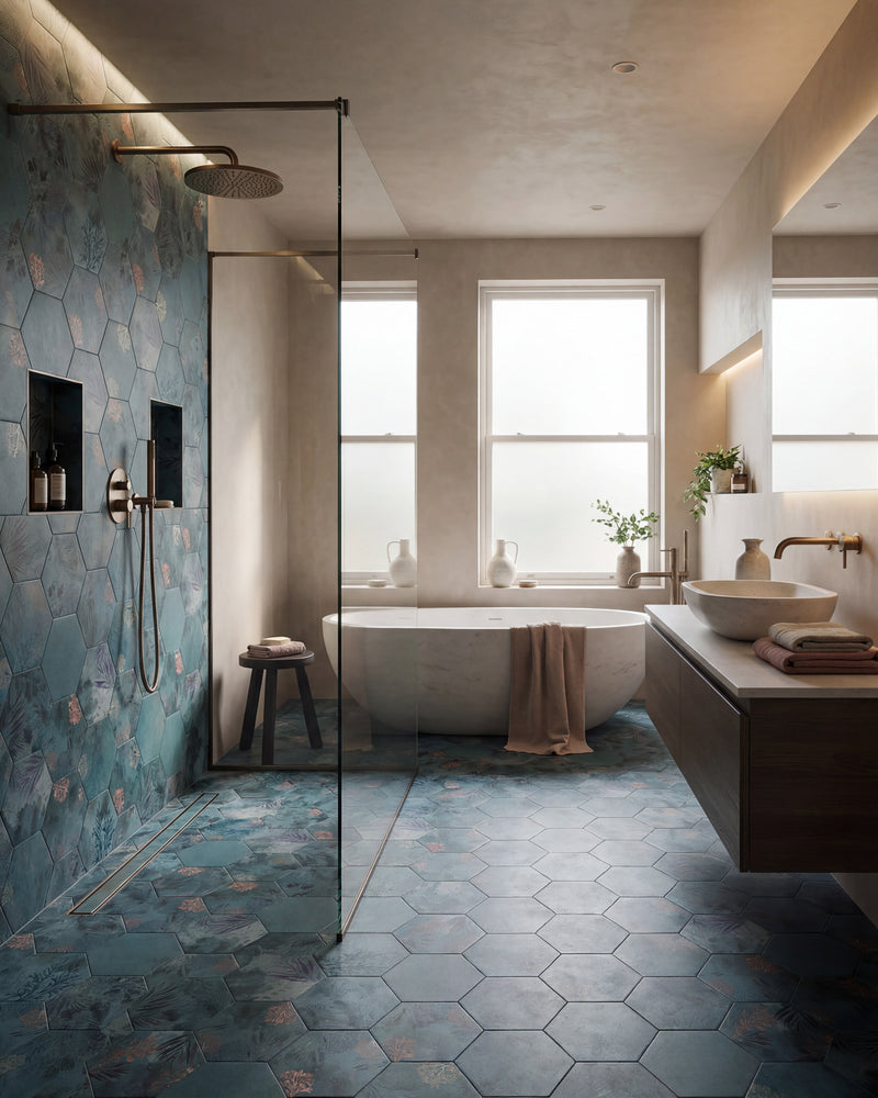 Mermaid's Garden Porcelain running across the floor and up the shower wall of a plastered bathroom with a freestanding stone bath and brass fittings