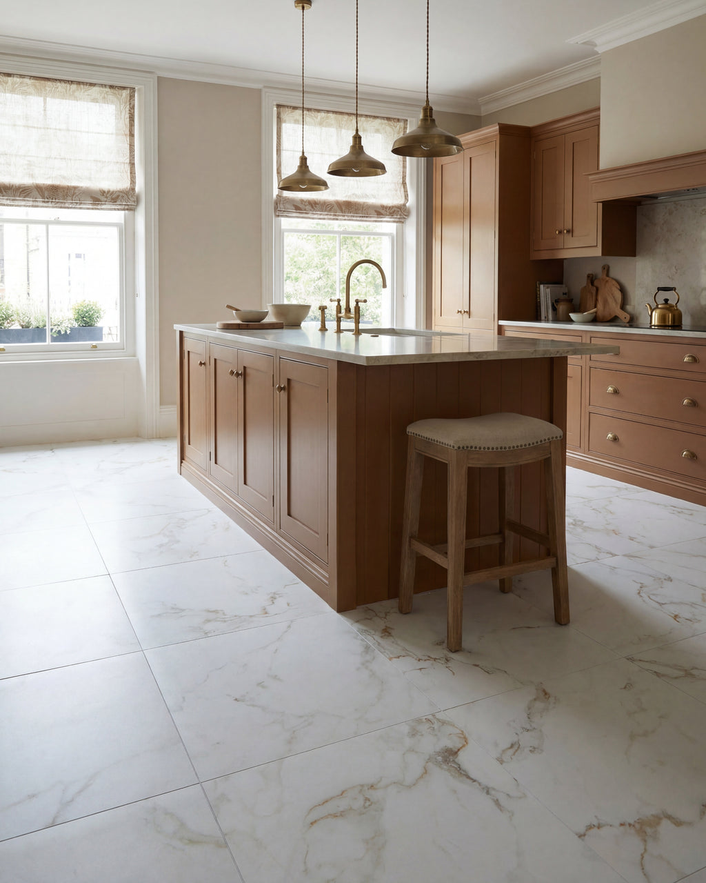 Muscat Porcelain Satin flooring in a terracotta painted kitchen with a marble topped island and aged brass pendant lights