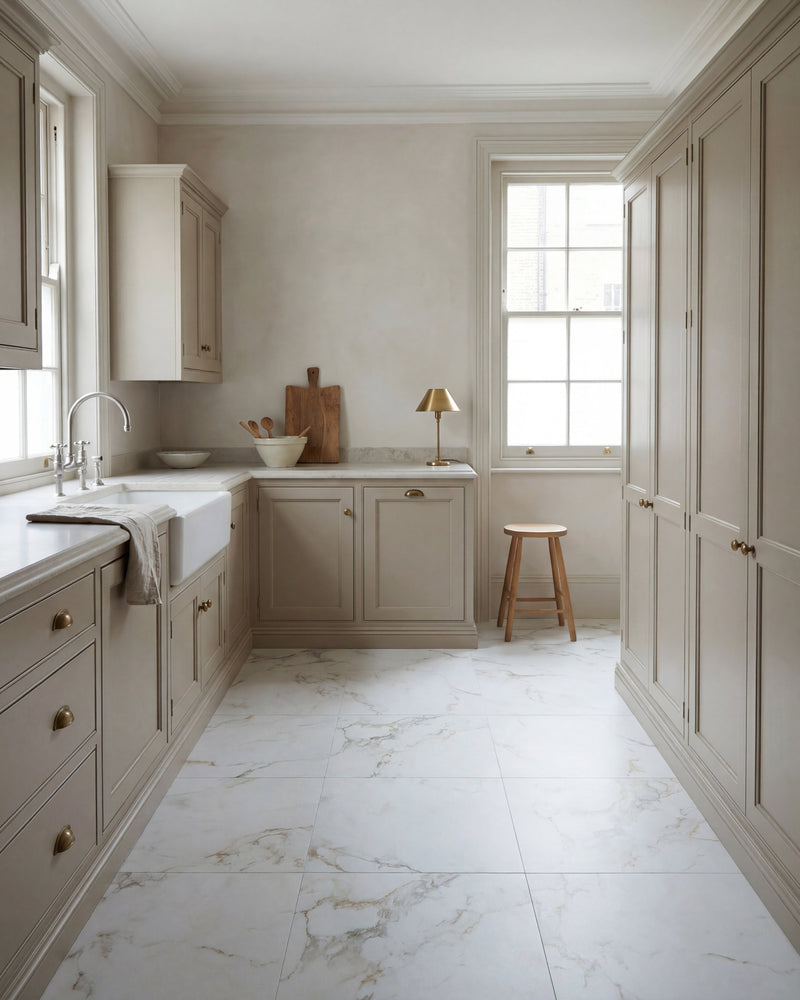 Muscat Porcelain Satin flooring running the length of a taupe galley kitchen with a butler sink and full height cupboards