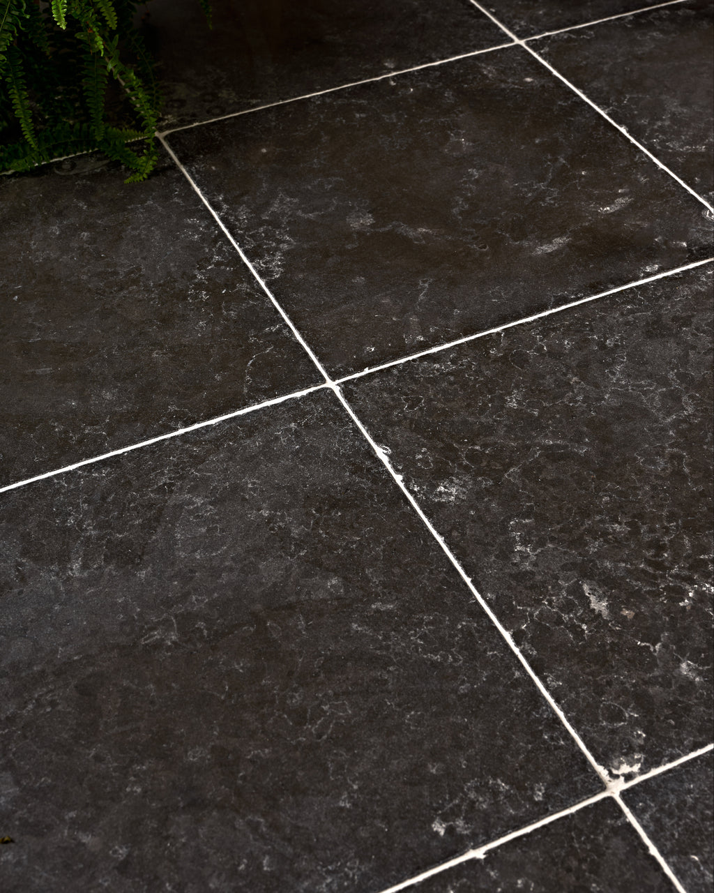 Close detail of Royal Mink Limestone Tumbled Finish laid square with pale grout, showing the near-black surface, fossil flecking and tumbled edges
