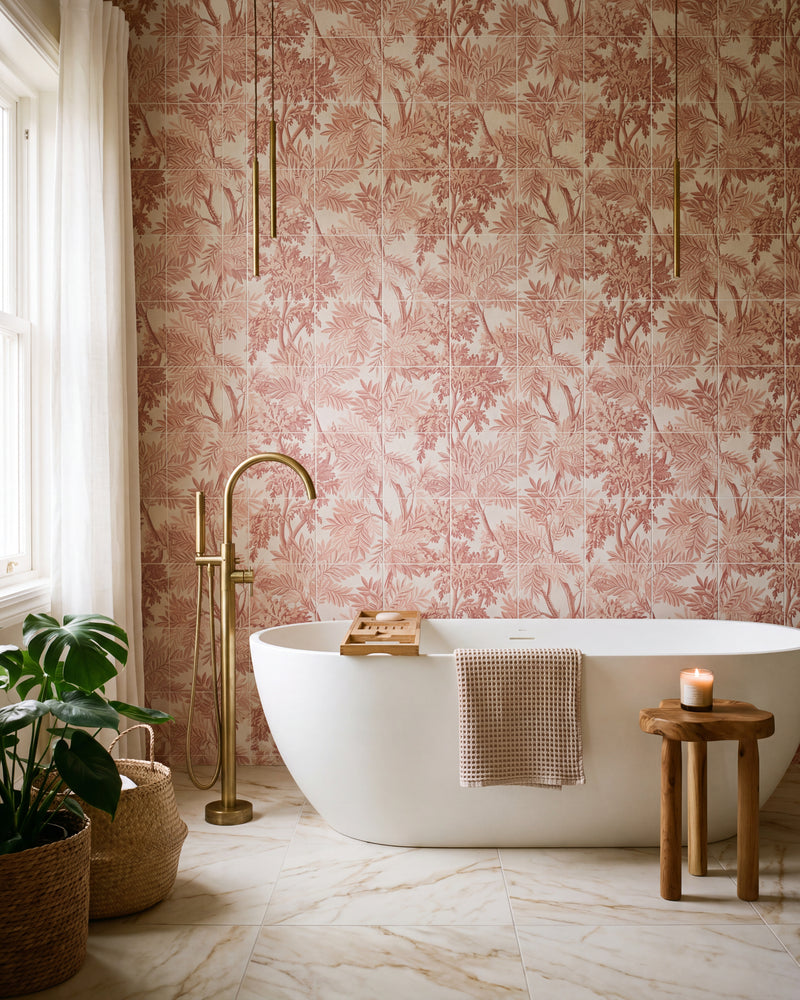 Sanderson Tapestry Trees Berry Mural Porcelain tiled full height behind a white freestanding bath, with brass pendant lights, a bath caddy, waffle towel and a monstera in a woven basket