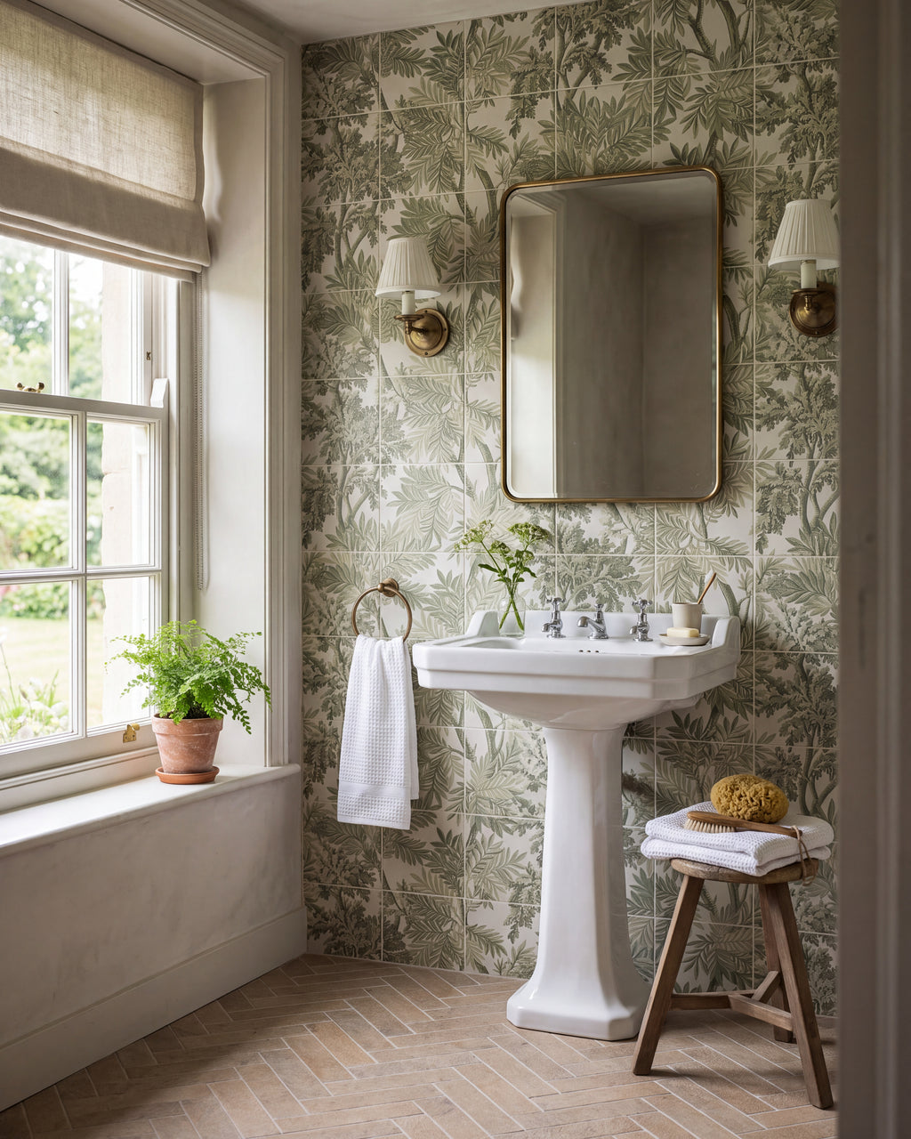 Sanderson Tapestry Trees Forest Mural Porcelain behind a traditional pedestal basin in a garden-facing cloakroom, with a brass mirror, pleated wall lights and a herringbone terracotta floor