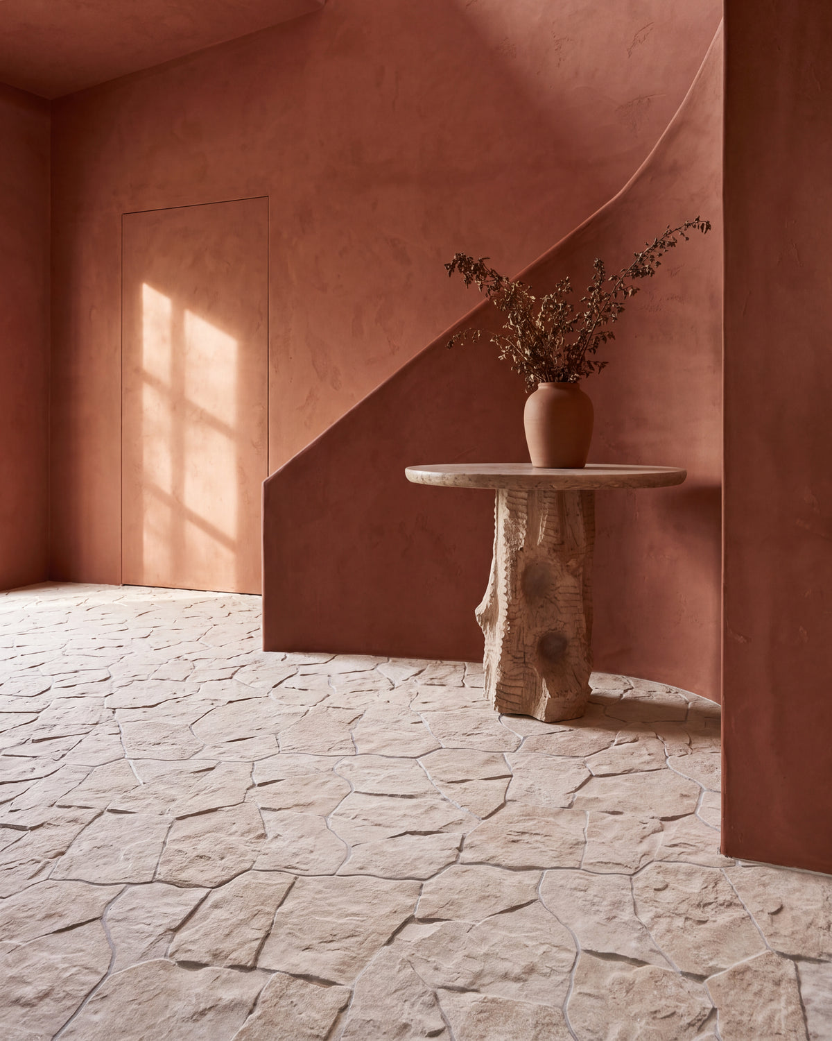 Sierra Porcelain Textured laid as a random crazy paving floor through a terracotta plaster hallway, running under the staircase past a stone side table and out towards a sunlit door