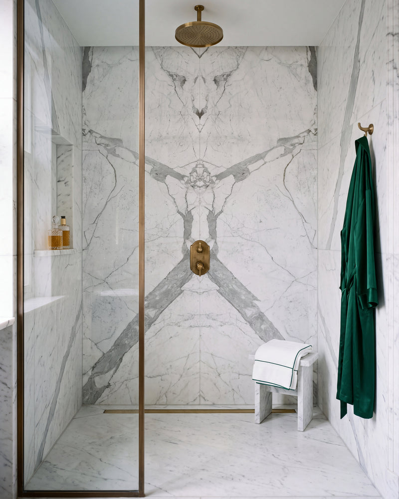 Statuario Marble Slab book-matched across the back wall of a walk-in shower, with a brass rain head, bronze-framed glass screen and a marble stool
