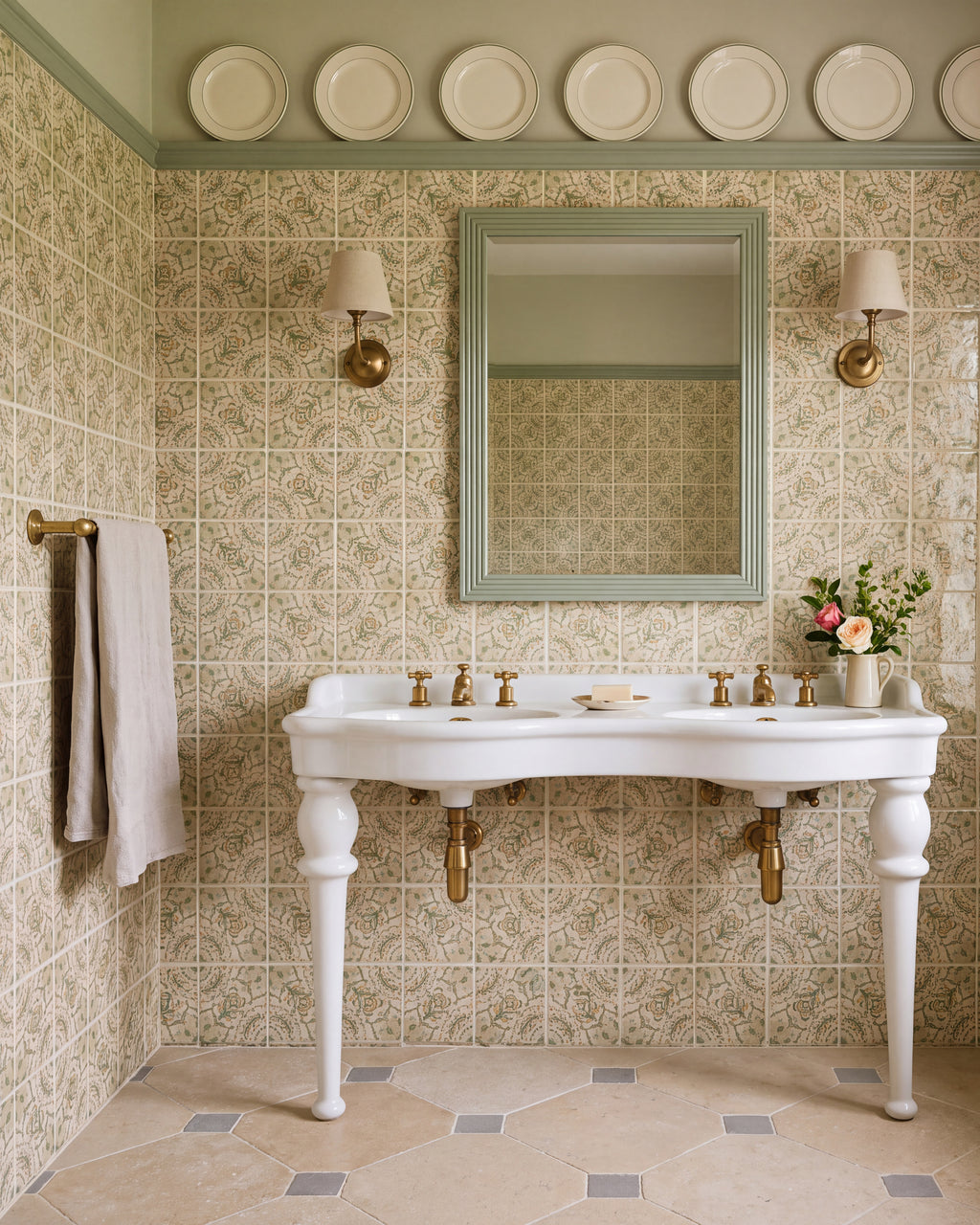 STUDIO Sanderson Anthos Sage handmade ceramic tiles run floor to picture rail in a bathroom with a white double basin on turned legs, brass taps and wall lights, a sage green mirror and a row of cream plates above
