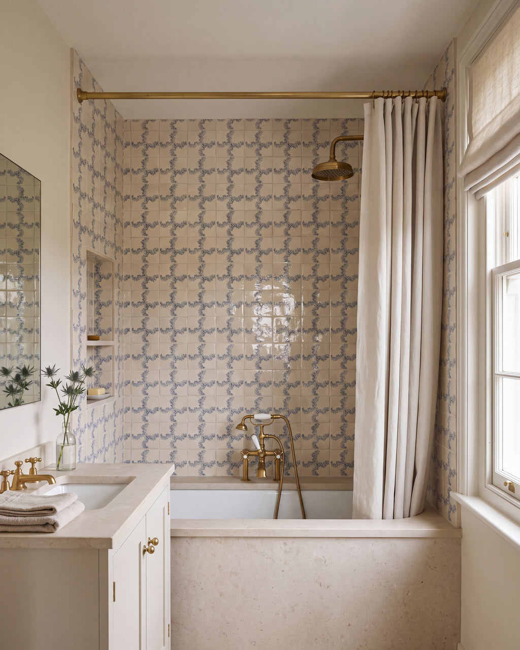 STUDIO Sanderson Oxbow Check Pottery Blue tiles lining a bath and shower recess, with a brass curtain rail, brass bath mixer and rainfall head, a limestone bath panel and a cream vanity unit
