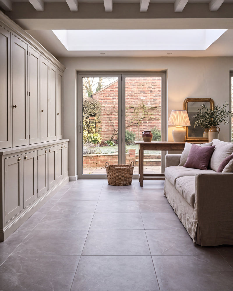 Treviso Porcelain Matt in large format across a beamed garden room with a roof light, cream shaker cabinetry, a linen sofa and glazed doors onto a walled garden