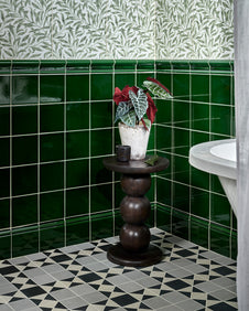 Victorian Style™ Wall Ceramic Olive Green Square Crackle Glaze|Shown with Victorian Style Finchley Soft Grey, Victorian Style Olive Green Dado & Skirting, and Silk Screen Willow Cottage Spring Leaf|victorian-style-wall-ceramic-olive-green-dado, victorian-style-wall-ceramic-olive-green-skirting, victorian-style-porcelain-finchley-pattern-soft-grey, silk-screen-ceramic-willow-cottage-spring-leaf