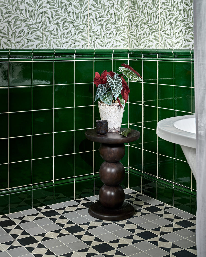 Victorian Style™ Wall Ceramic Olive Green Square Crackle Glaze|Shown with Victorian Style Finchley Soft Grey, Victorian Style Olive Green Dado & Skirting, and Silk Screen Willow Cottage Spring Leaf|victorian-style-wall-ceramic-olive-green-dado, victorian-style-wall-ceramic-olive-green-skirting, victorian-style-porcelain-finchley-pattern-soft-grey, silk-screen-ceramic-willow-cottage-spring-leaf