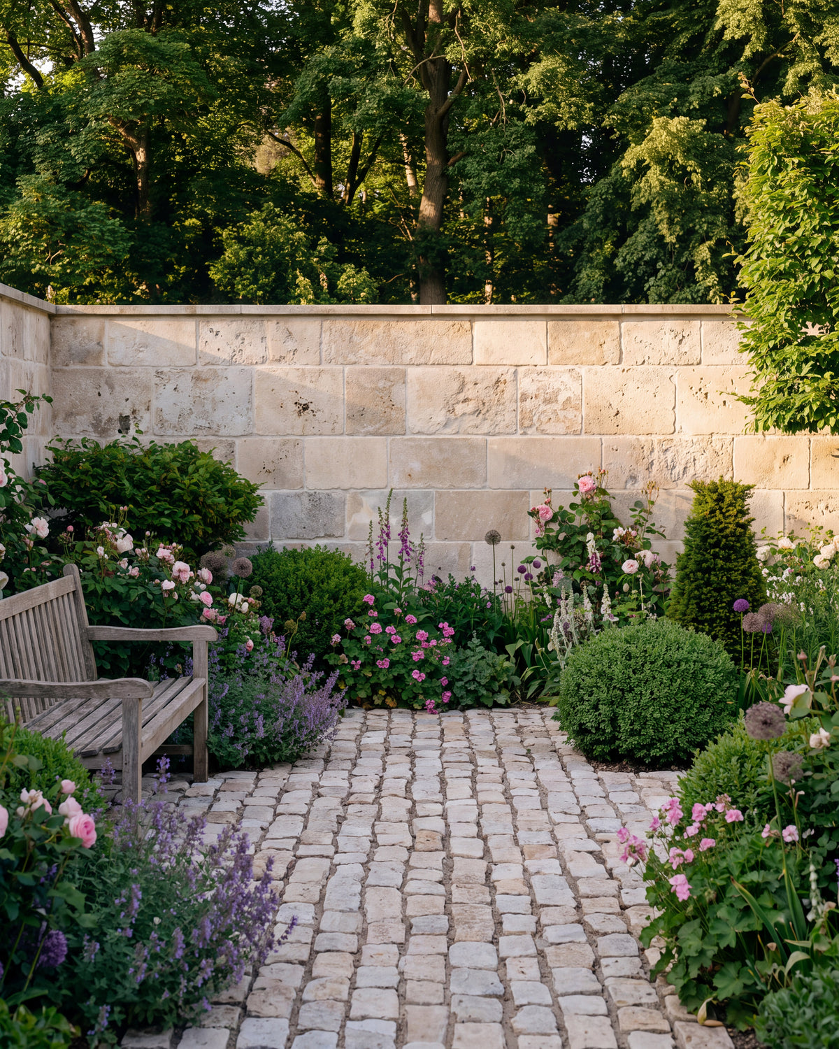 Vieux Bourgogne Limestone Ancient Finish walling enclosing a cottage garden of roses, foxgloves and clipped box, with a cobbled path leading to a weathered teak bench